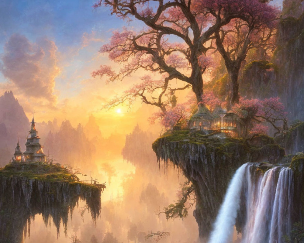 Fantasy landscape with waterfall, floating island, misty peaks, cherry blossoms, and traditional buildings