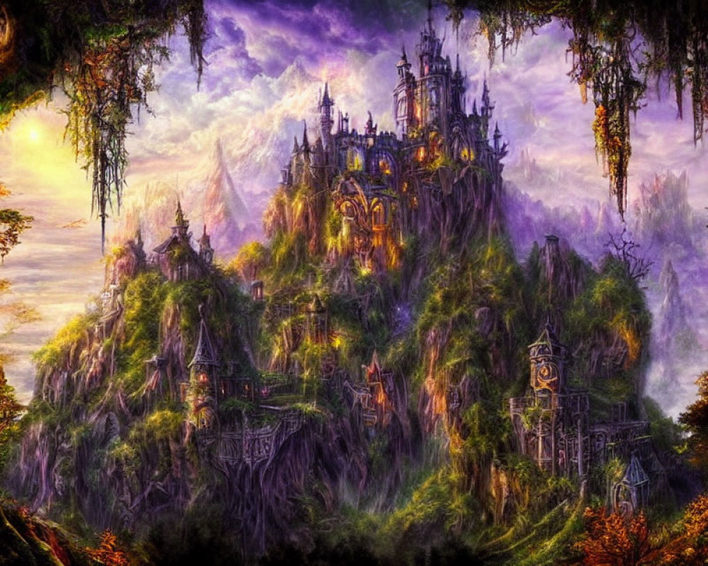 Enchanted castle on lush mystical hill in warm light