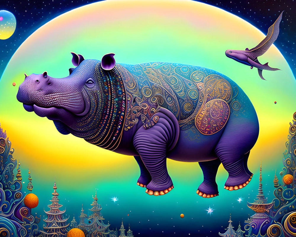 Colorful Decorated Hippo in Cosmic Fantasy Scene