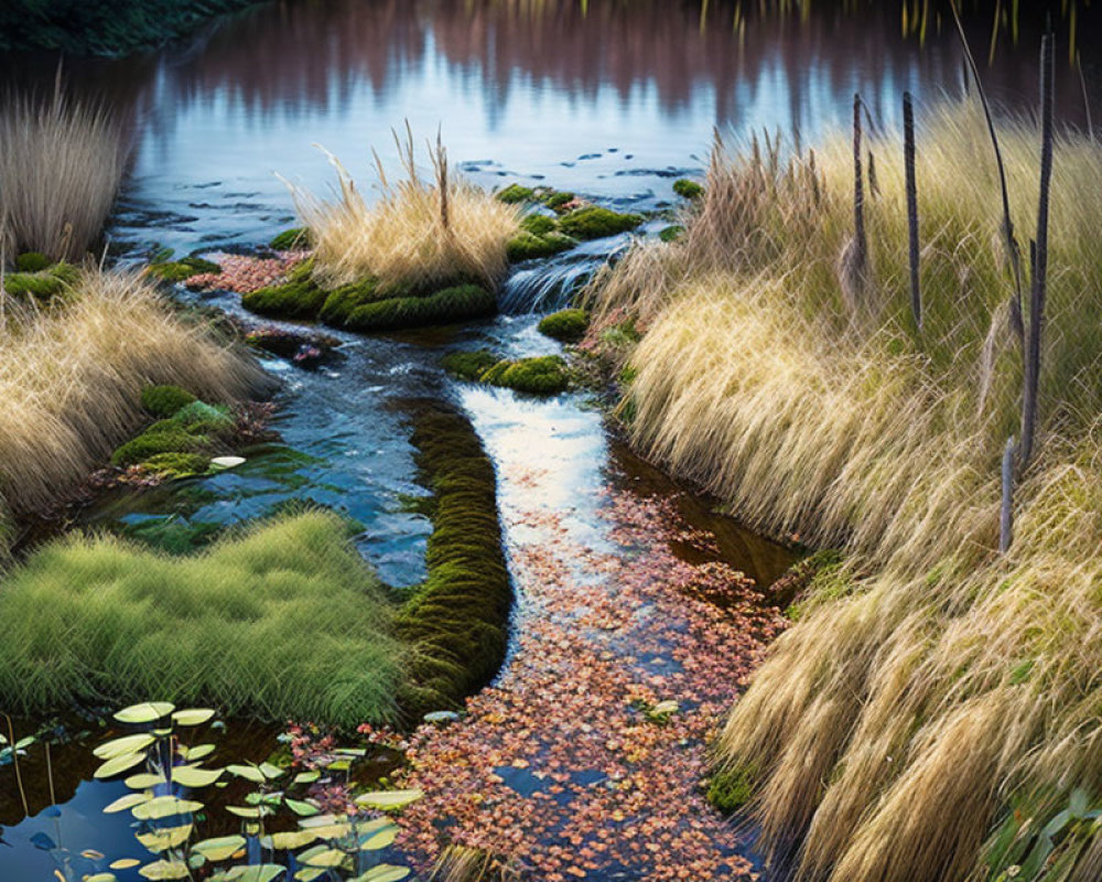 Tranquil stream with grassy tufts, fallen leaves, and lily pads