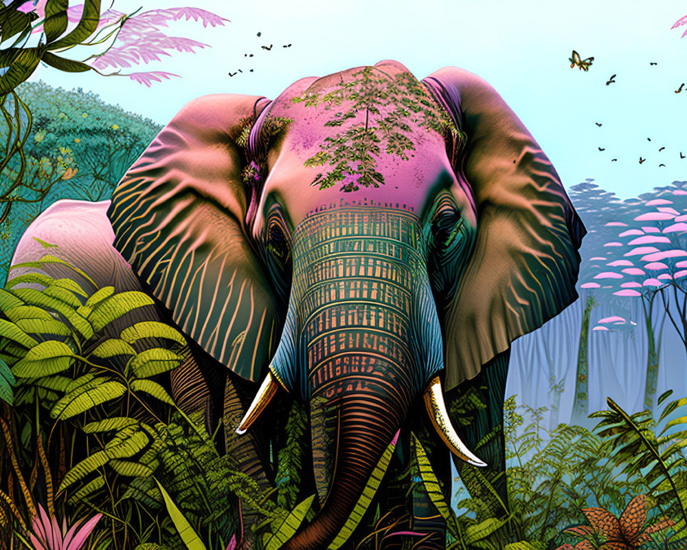 Colorful Elephant Artwork in Lush Jungle with Waterfalls