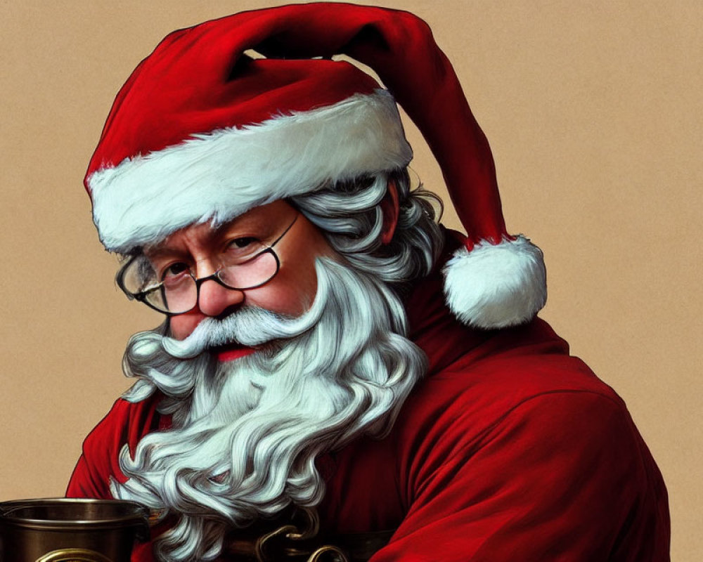 Santa Claus with white beard and red hat holding golden bell