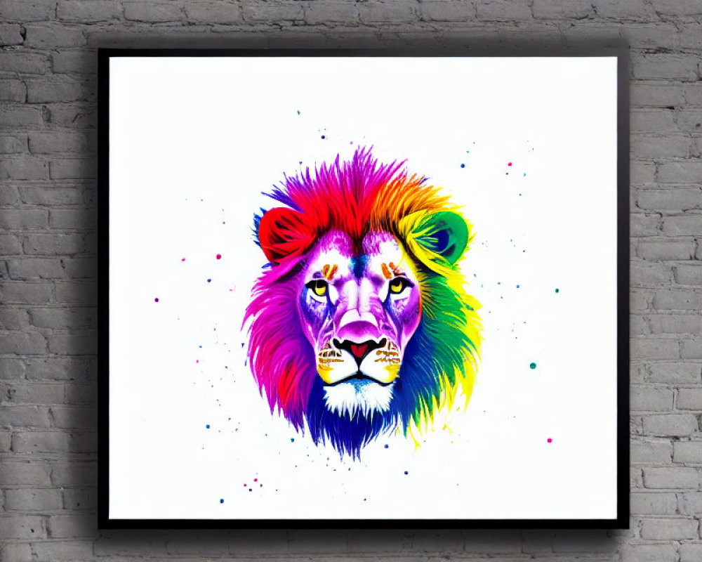 Colorful Lion's Head Painting on White Canvas Against Brick Wall