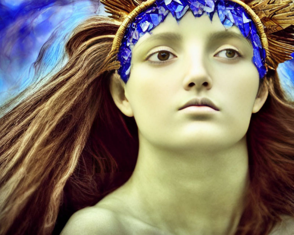 Young woman in decorative headdress against ethereal blue background