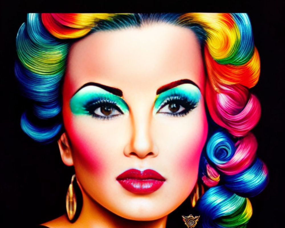 Vibrant rainbow hair and dramatic makeup portrait.