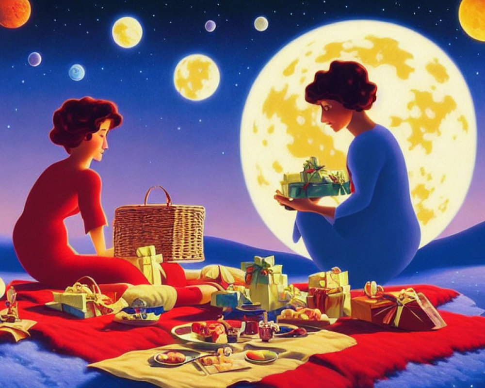 Stylized women on red blanket with picnic and gifts under night sky