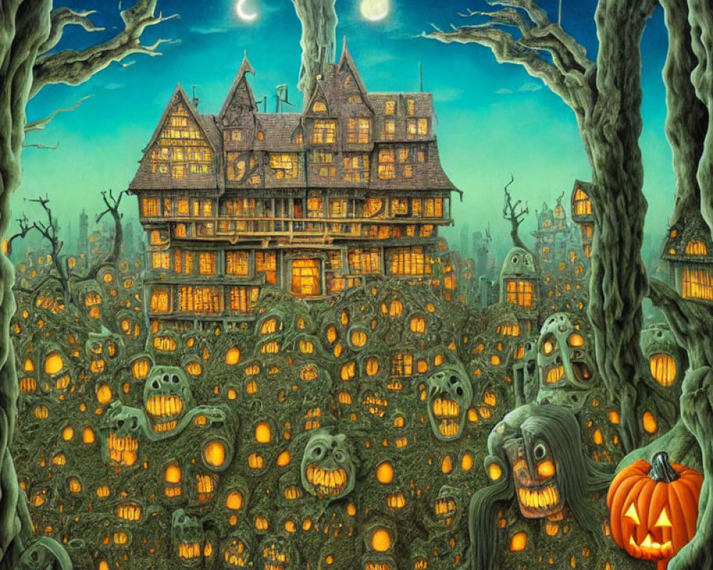 Haunted house, gnarled trees, jack-o'-lanterns in eerie Halloween illustration