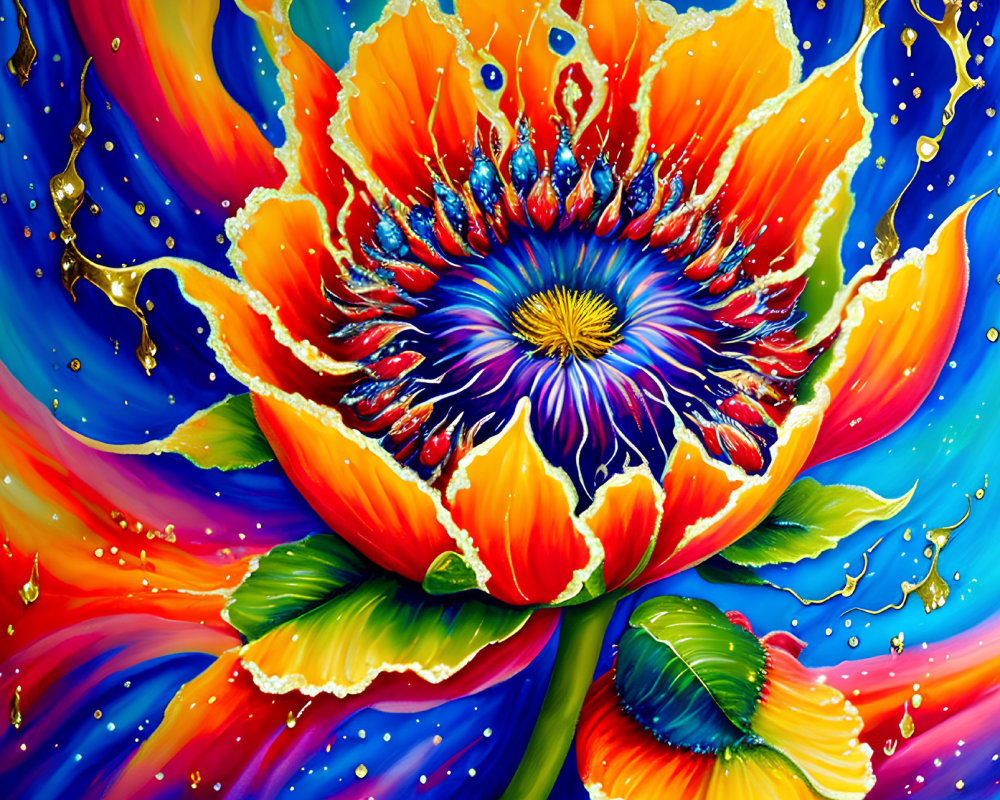 Colorful Flower Painting with Blue and Gold Splashes in Vibrant Hues