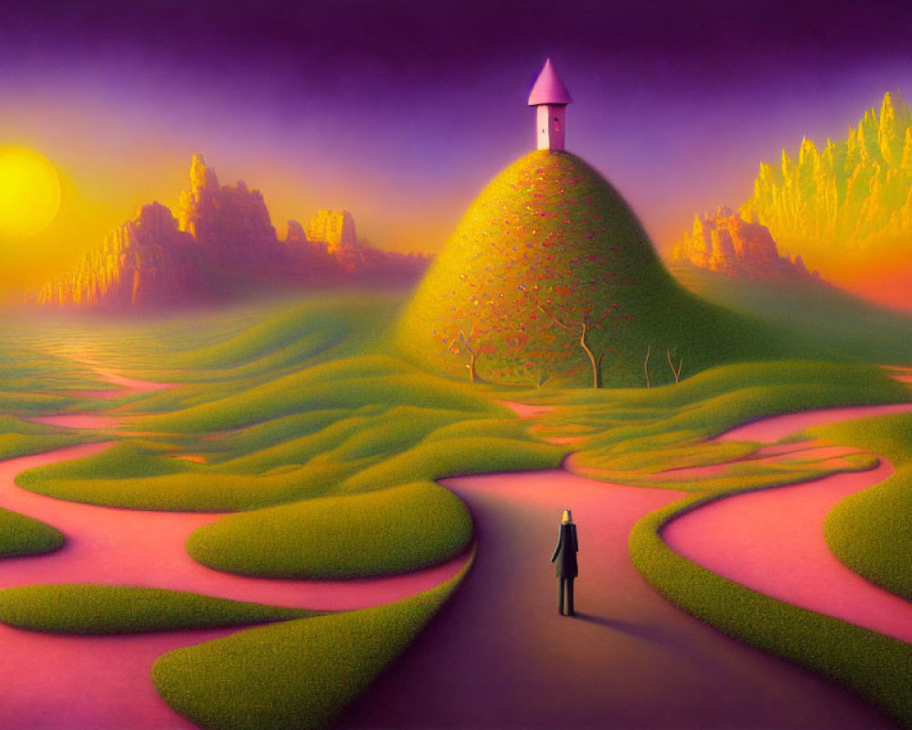 Surreal landscape with pink tower, setting sun, and vibrant trees