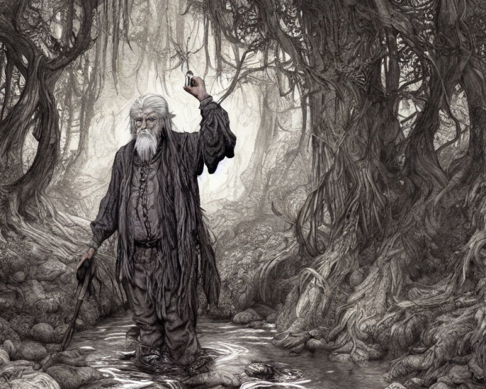 Elderly wizard in long robes raising glowing staff in misty forest