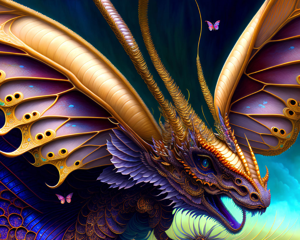 Detailed Golden Dragon Artwork with Wings and Horns on Dark Blue Background