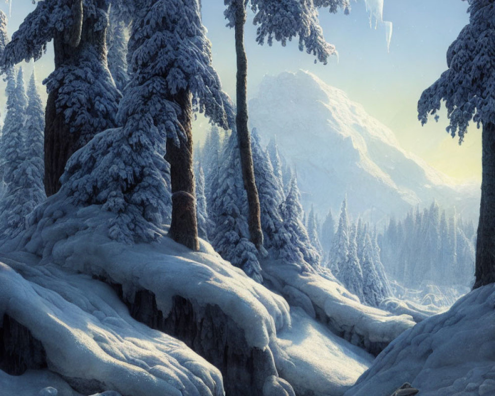 Winter Landscape: Snowy Pine Trees, Mountain, and Blue Sky