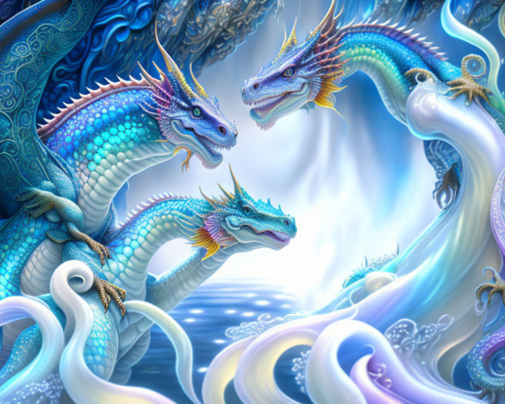 Detailed Illustration of Three Fantastical Dragons in Blue and Teal Scales
