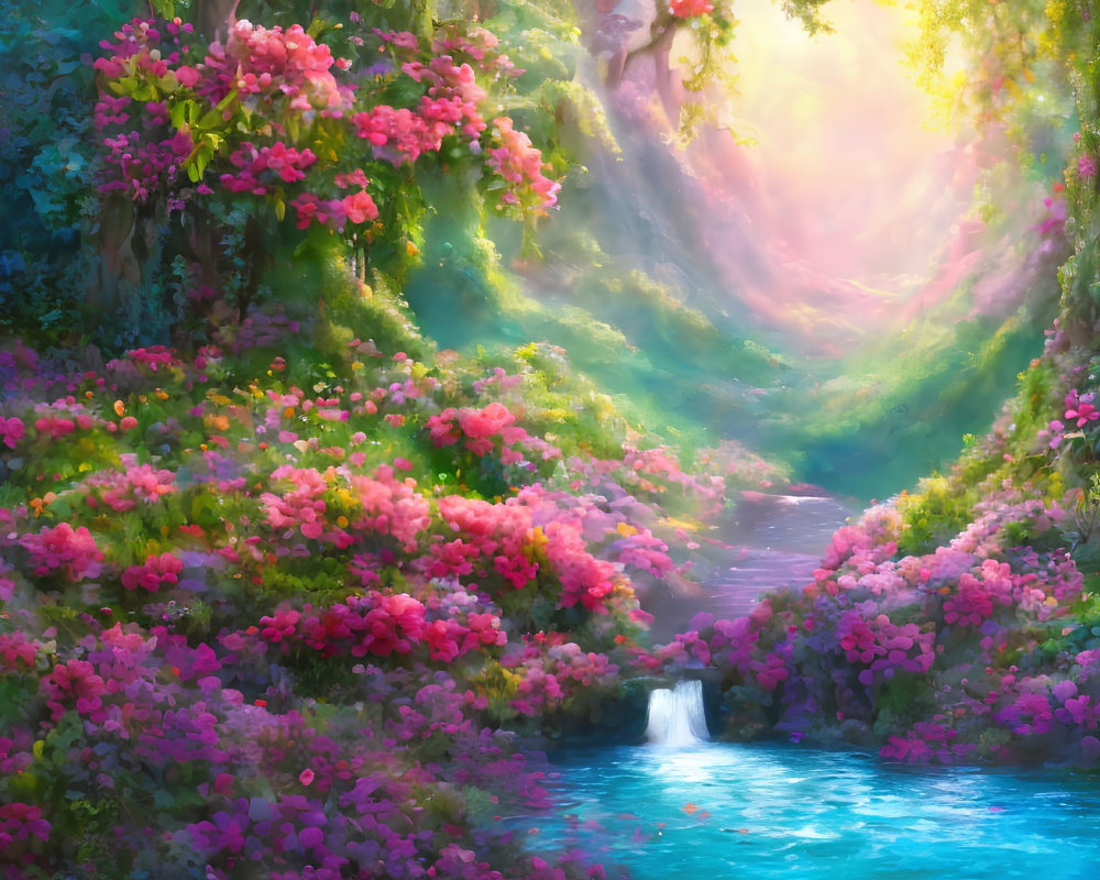Colorful forest scene with pink flowers, waterfall, and sunlit path