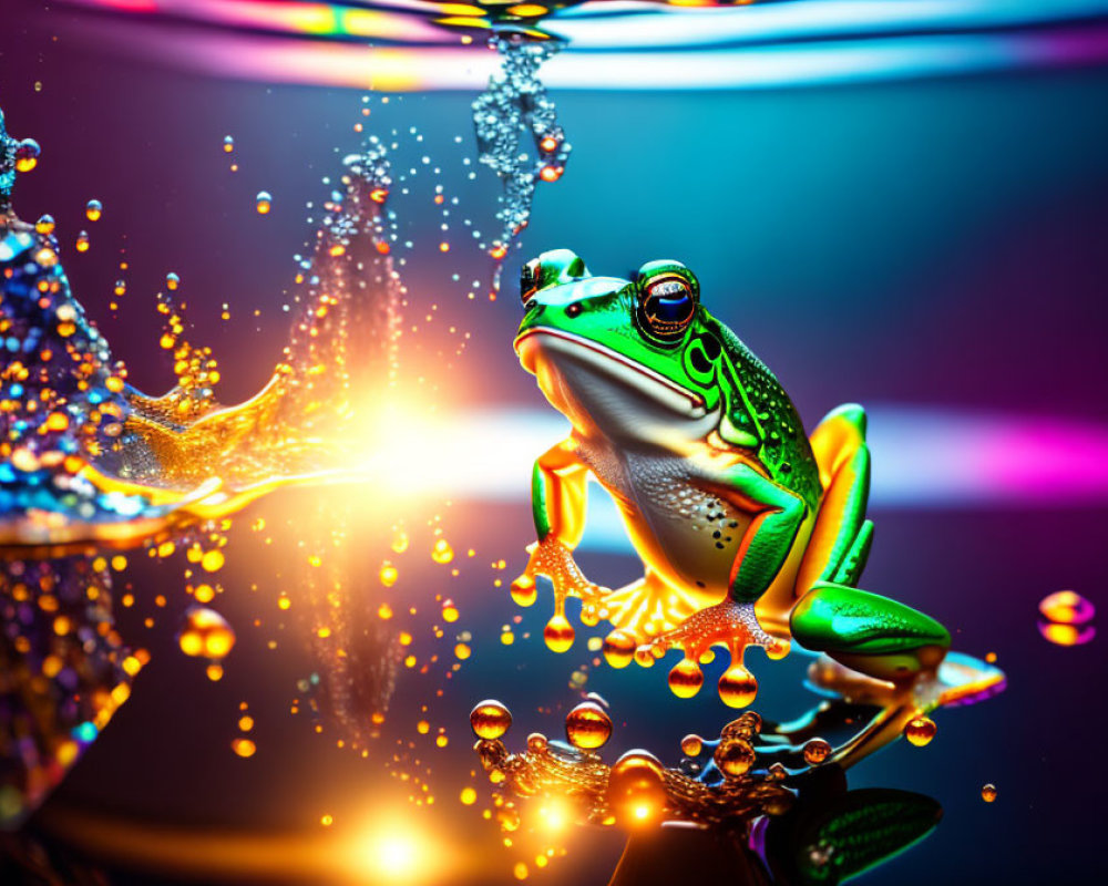 Colorful Frog Surrounded by Splashing Water and Reflective Droplets