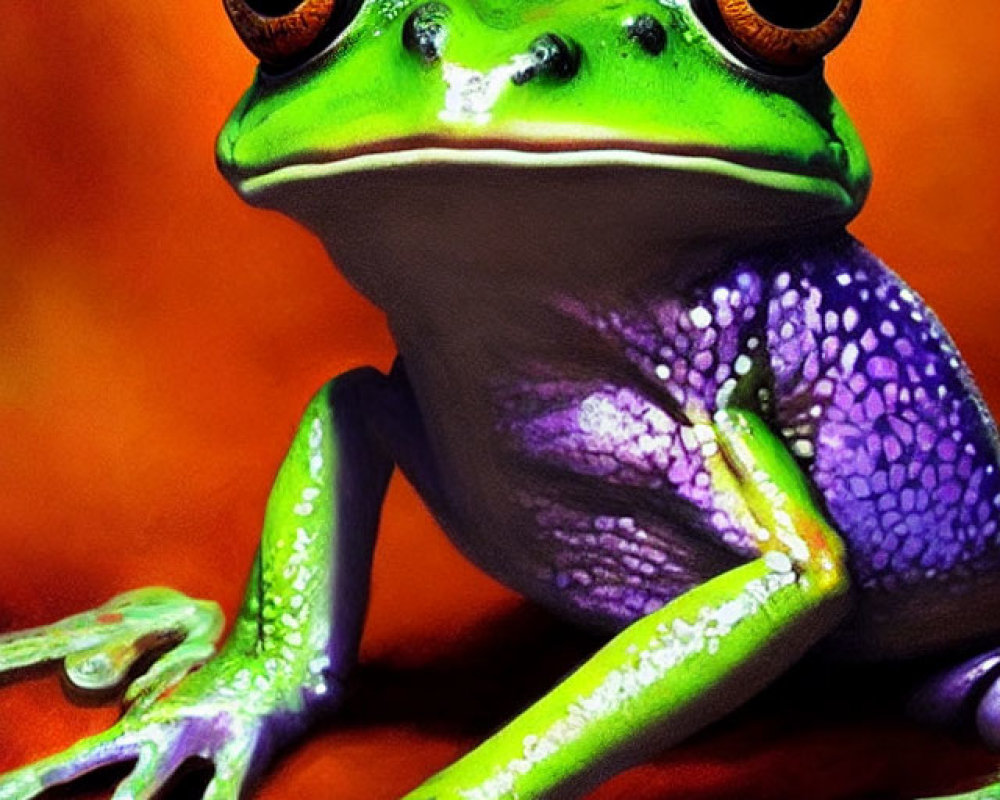 Colorful Frog with Green, Purple, and Orange Features on Orange Background