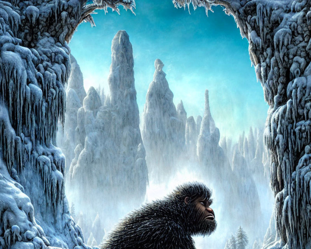 Giant ape in frozen landscape with icy peaks under blue sky
