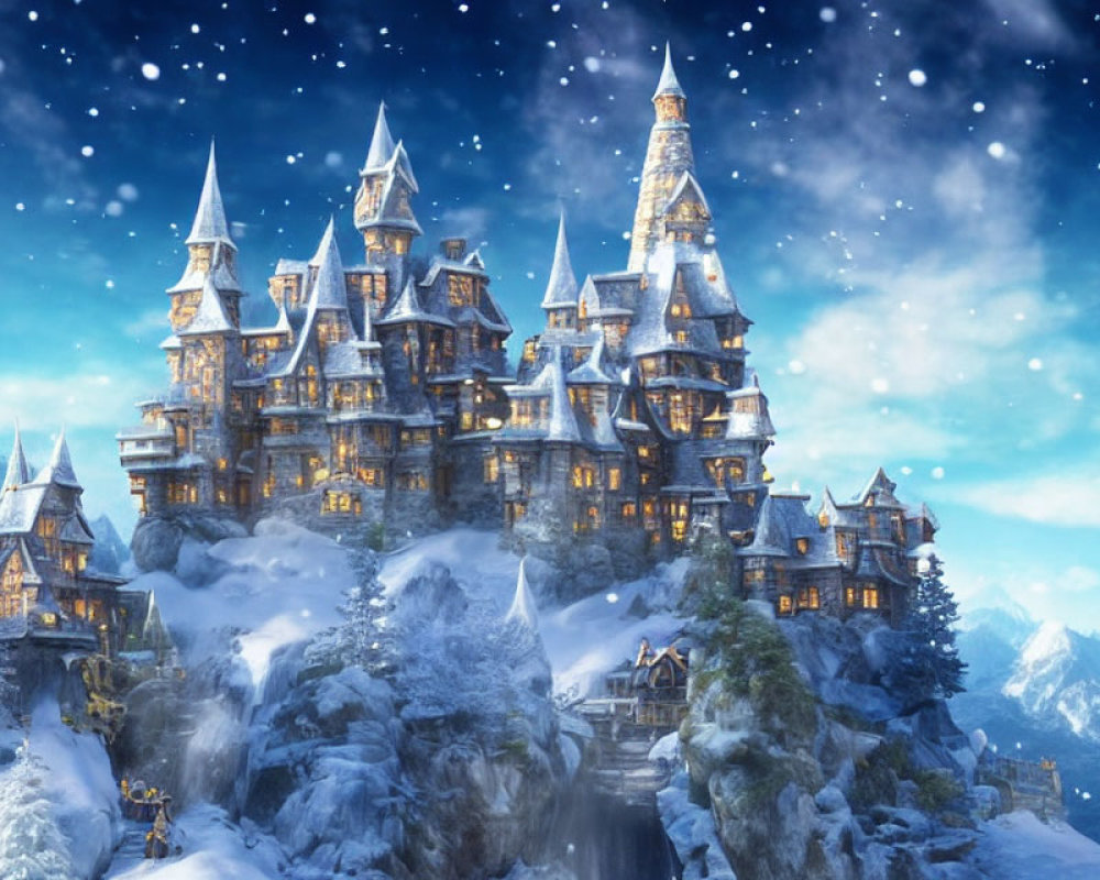 Fantastical multi-tiered castle in snowy twilight landscape