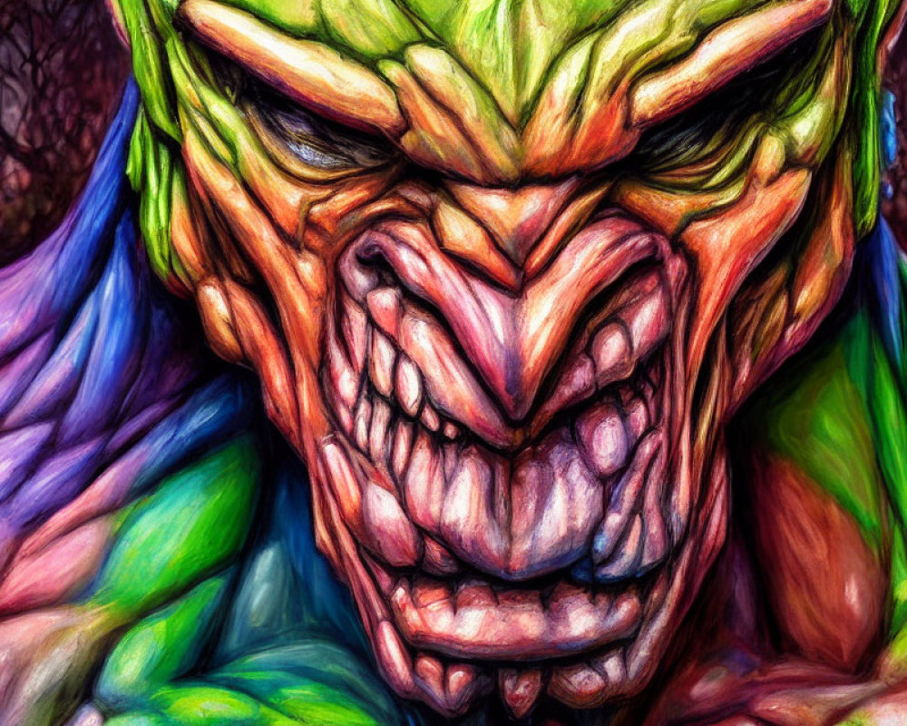 Colorful Stylized Art of Snarling Creature with Green Skin