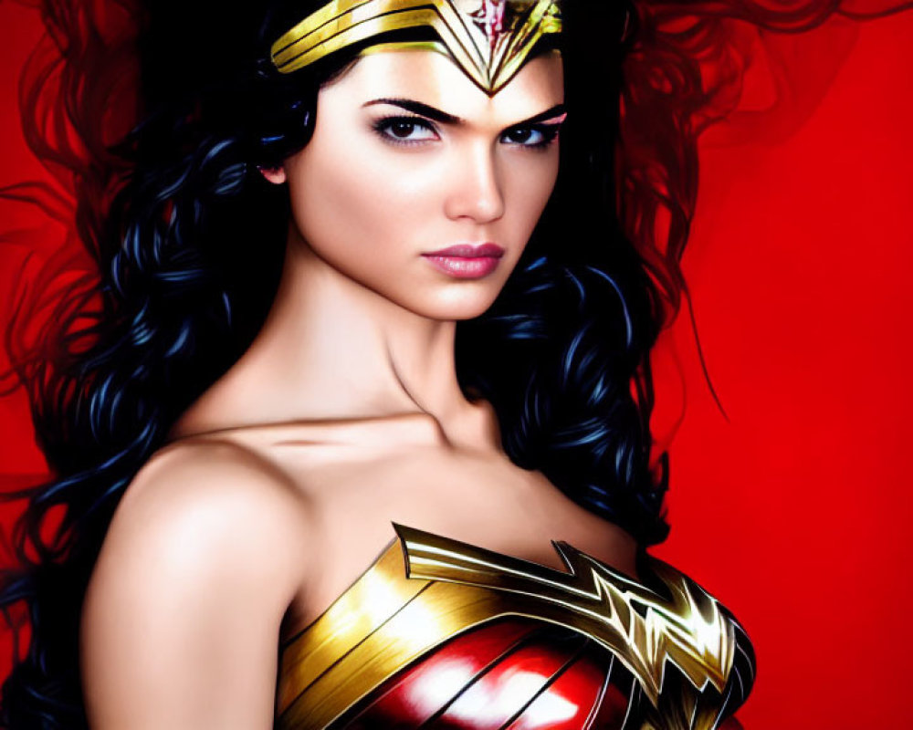 Dark-haired woman in Wonder Woman armor on red background