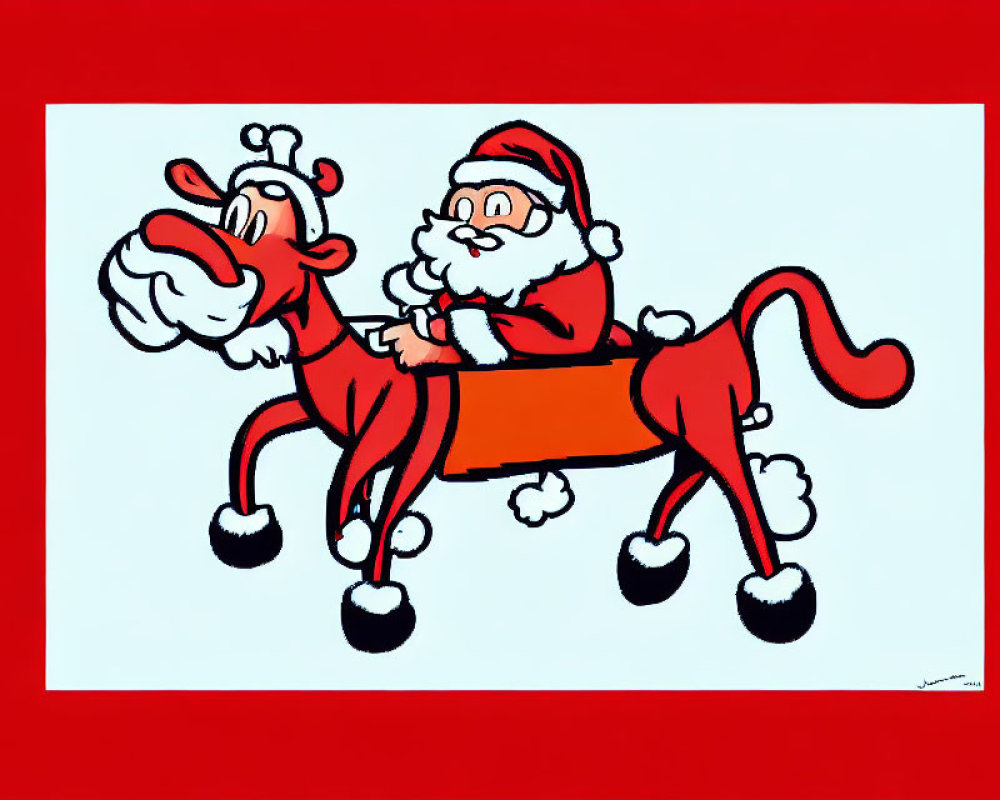 Cartoon Santa Claus on Red Sleigh with Reindeer on Crimson Background
