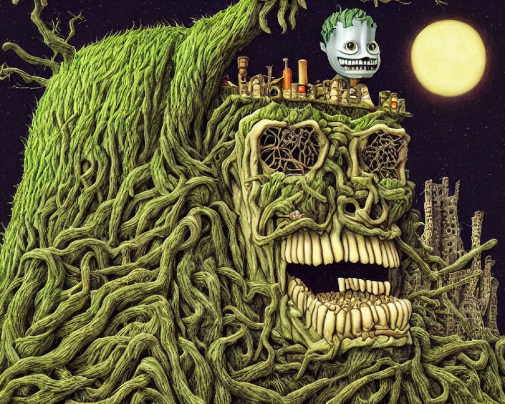 Illustration of mossy green giant with cityscape head, grinning moon, and crown-wearing