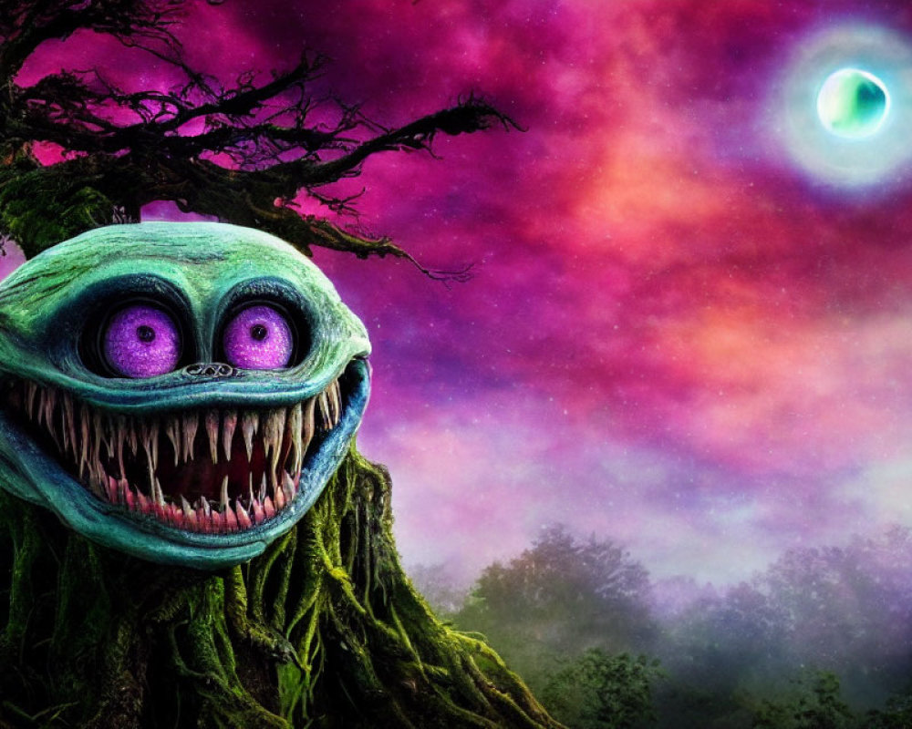 Exaggerated tree-like creature under vibrant purple sky with eclipse