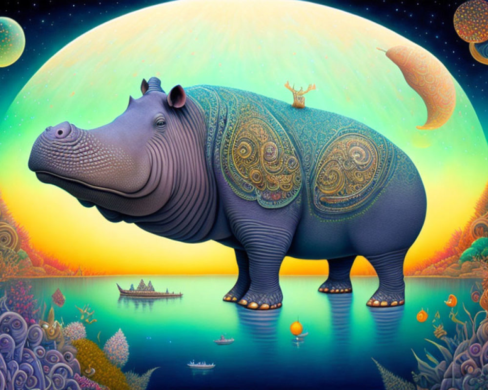 Colorful illustration of decorated hippopotamus in whimsical sunset scene