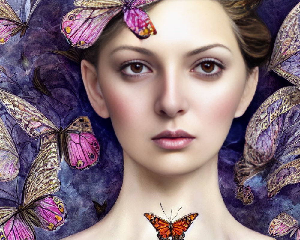 Surreal portrait of woman with butterflies on purple floral backdrop