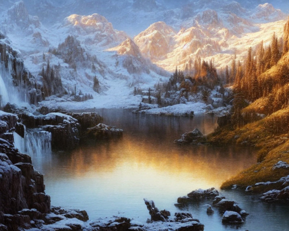 Tranquil alpine landscape with waterfall, lake, and snow-dusted peaks at sunset
