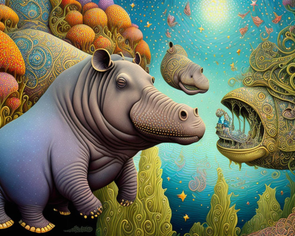 Colorful surreal artwork: stylized hippopotamus, fish, and cosmic backdrop