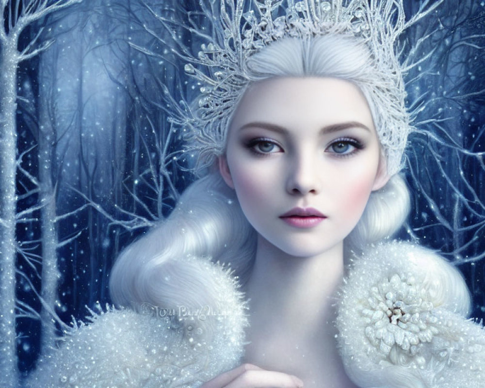Fantasy ice queen portrait with crystal crown in snowy forest