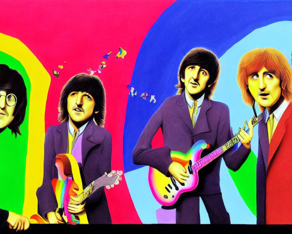 Vibrant band artwork with guitars and rainbow background