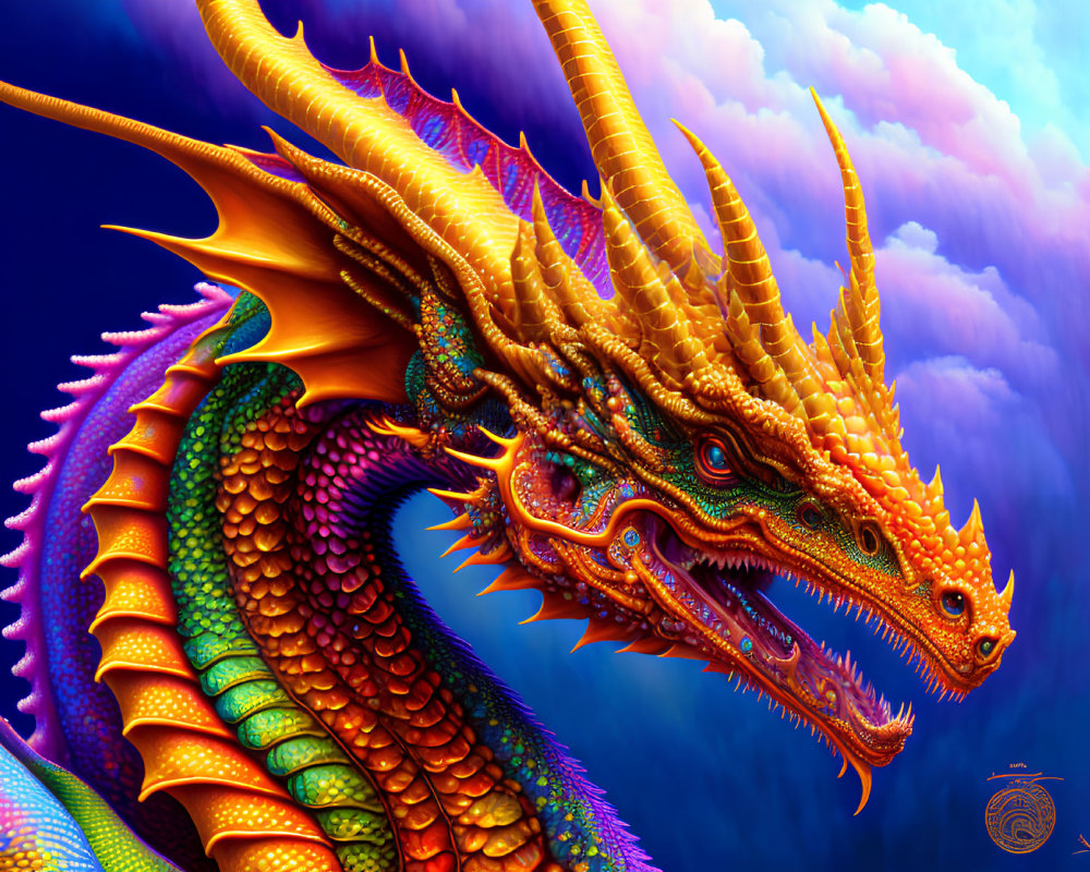 Colorful Dragon with Detailed Scales and Horns under Purple Sky