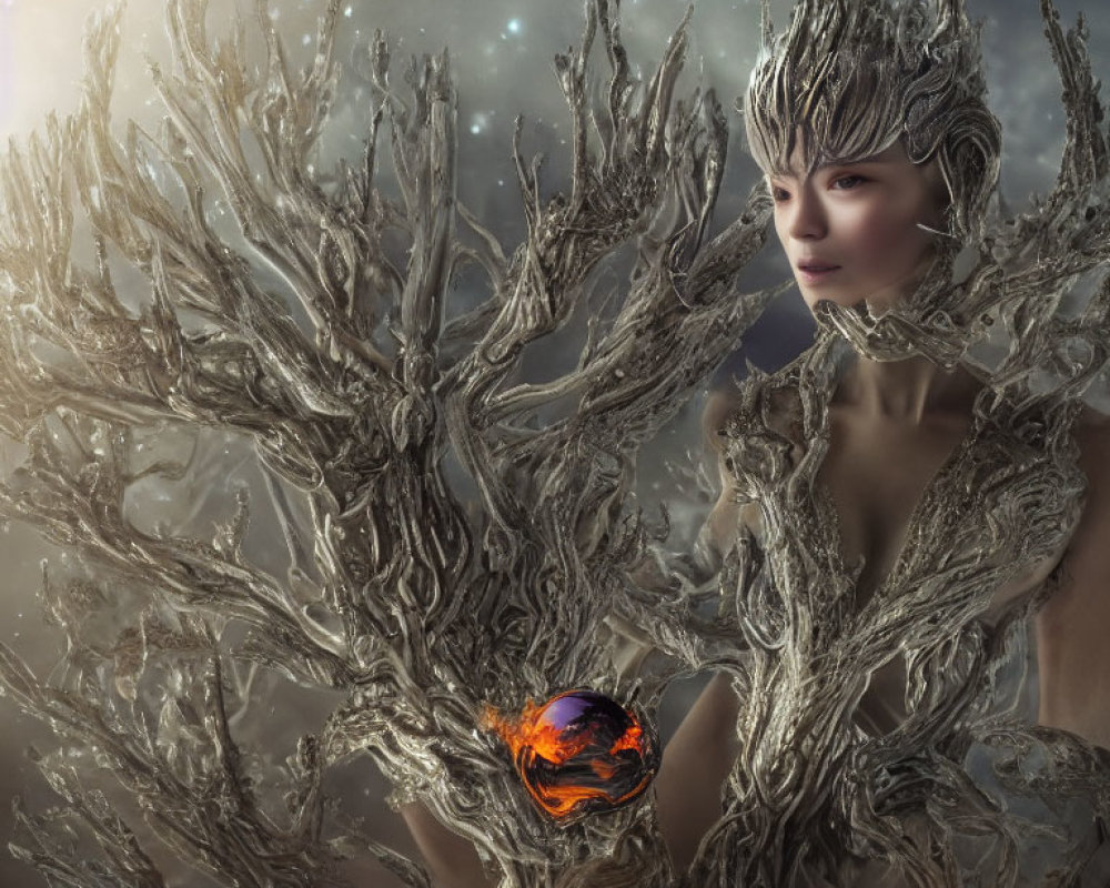Fantasy portrait of humanoid entity with tree-like structure and fiery orb against starry sky