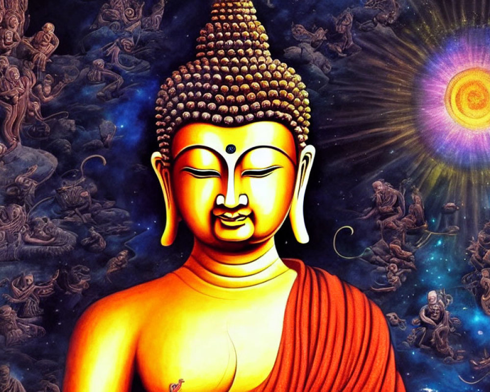 Vibrant Buddha Meditation Artwork with Cosmic Background
