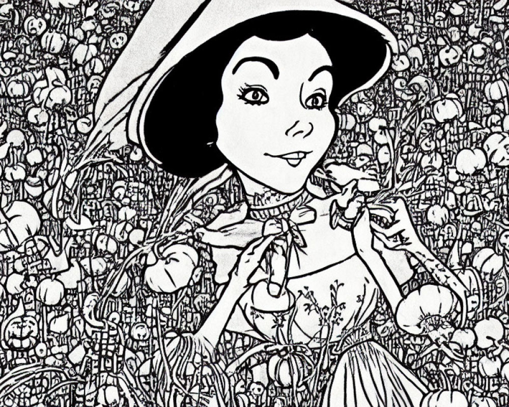 Monochrome illustration of smiling female character with bow, cape, and apple against intricate patterned background