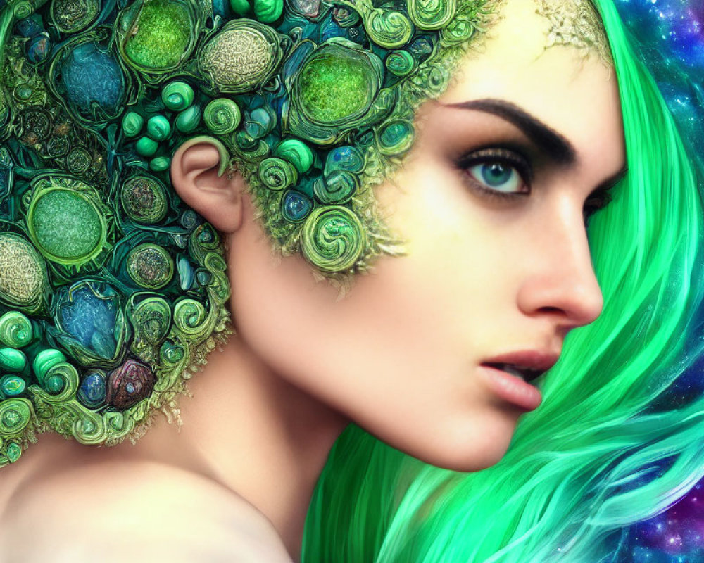 Green-haired woman with cosmic background and intricate green-textured circle headpiece