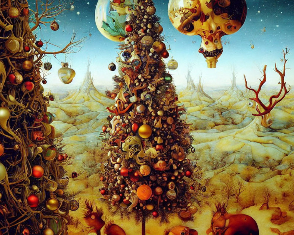 Surreal landscape with decorated tree and floating objects