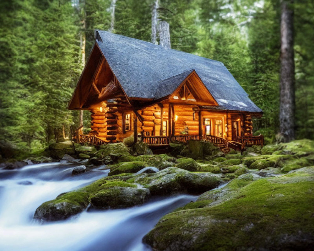 Rustic log cabin in forest by stream with moss-covered rocks