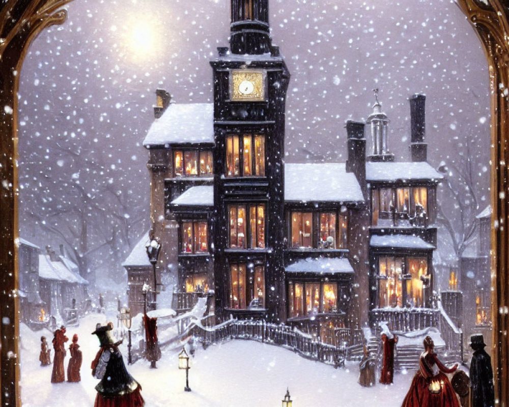 Victorian-style building with people in period clothing under snowfall