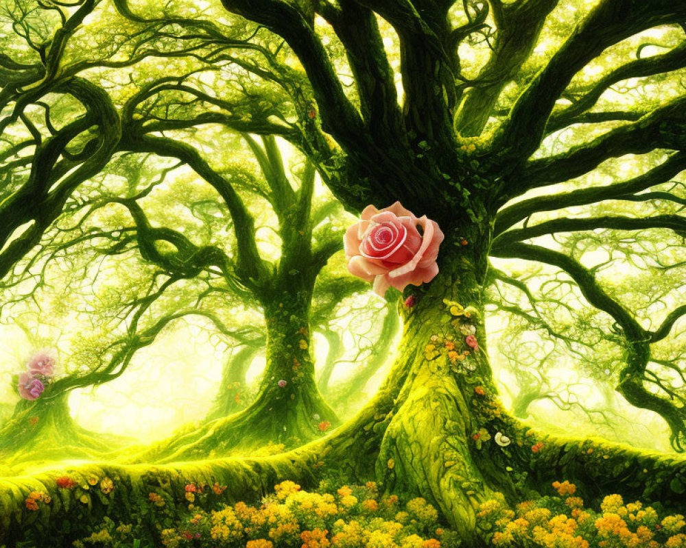 Vibrant forest scene with twisting tree trunk and pink rose
