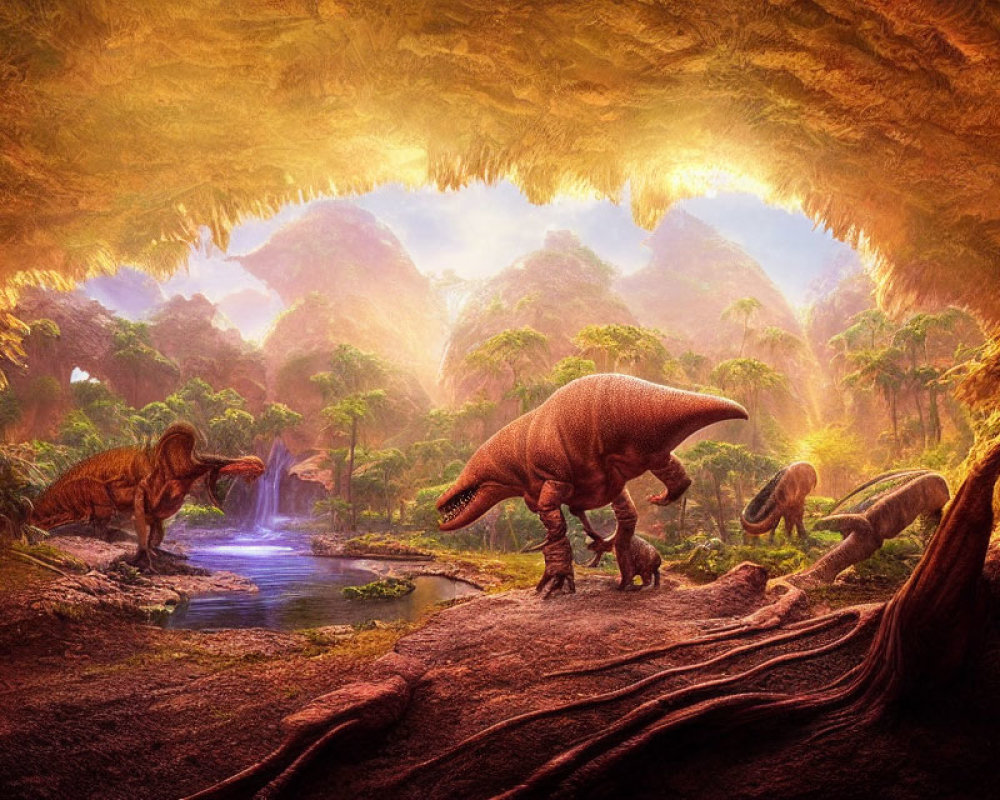 Prehistoric landscape with dinosaurs, lush vegetation, water, and cave framing