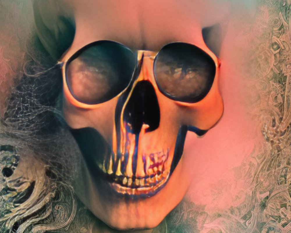 Skull superimposed on person's face against multicolored backdrop