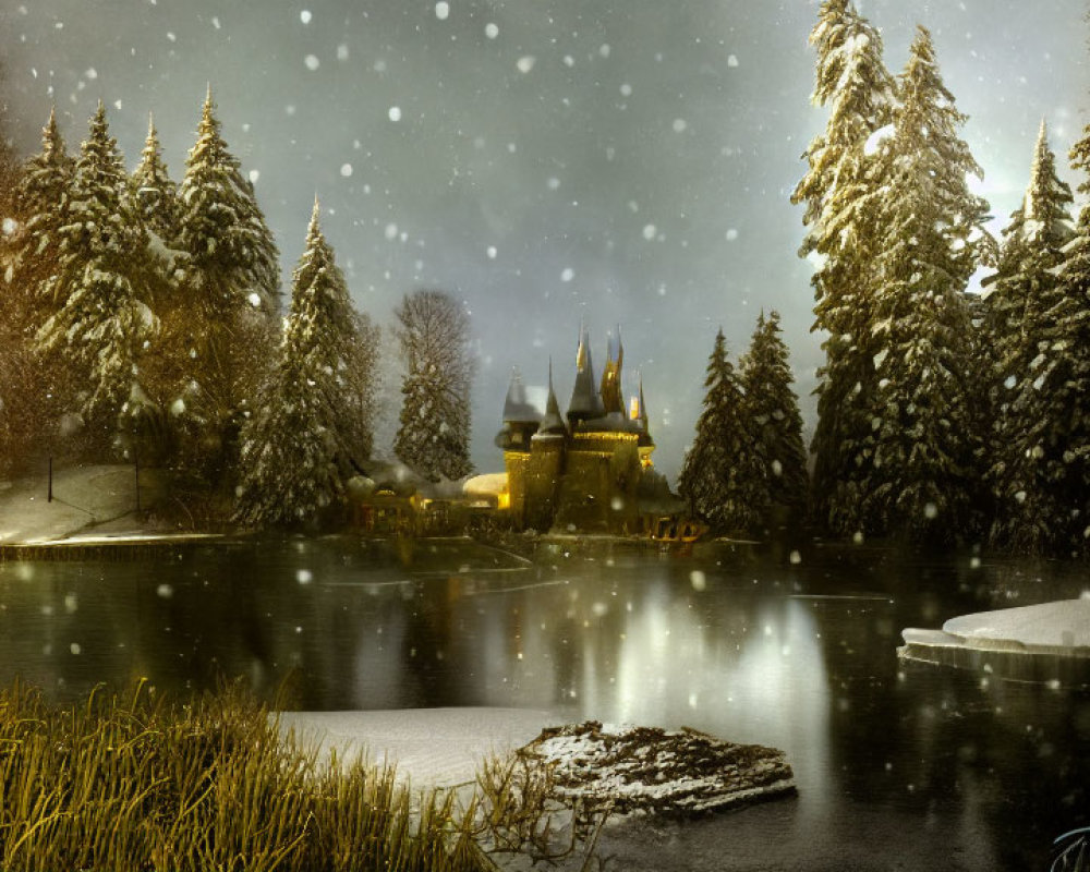 Snowy Winter Landscape with Evergreen Trees, Frozen Lake, and Lit Castle