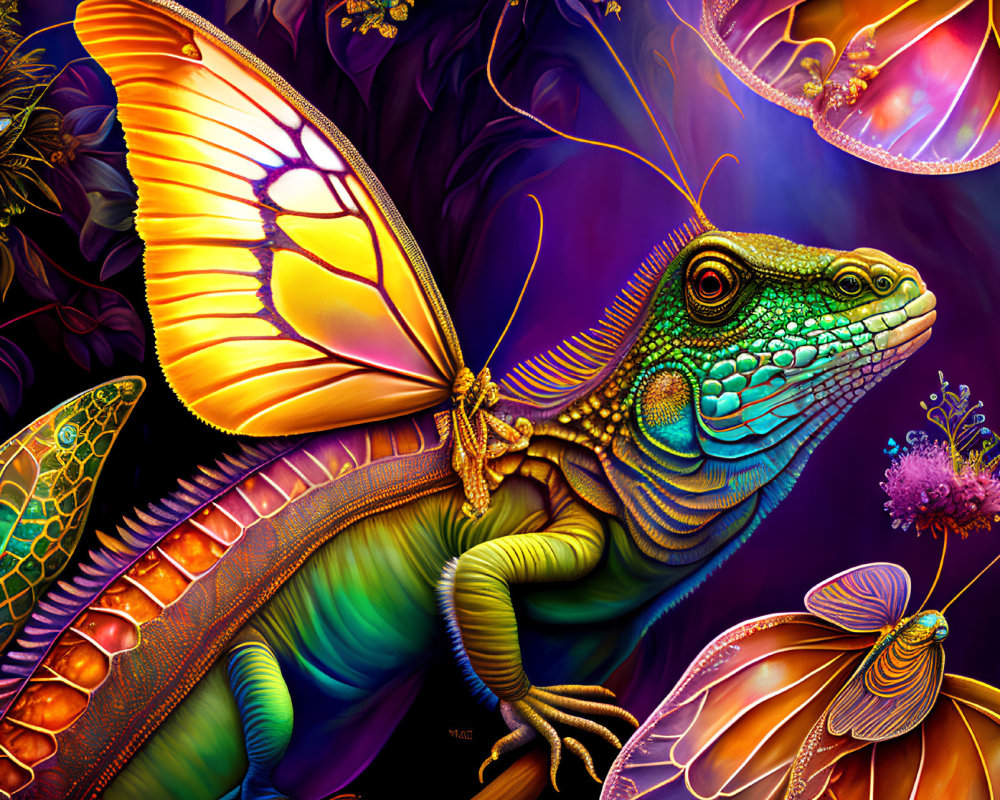 Colorful iguana and butterflies in vibrant digital artwork