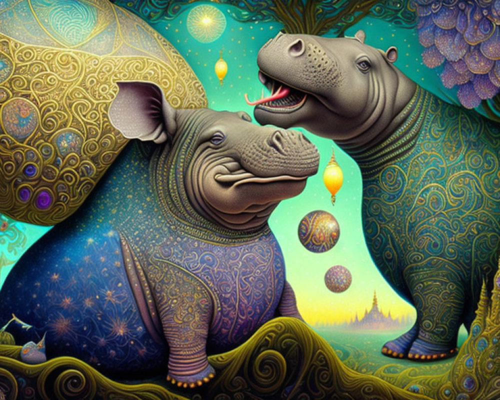 Colorful ornate hippos in whimsical patterns on dreamy landscape with glowing orbs