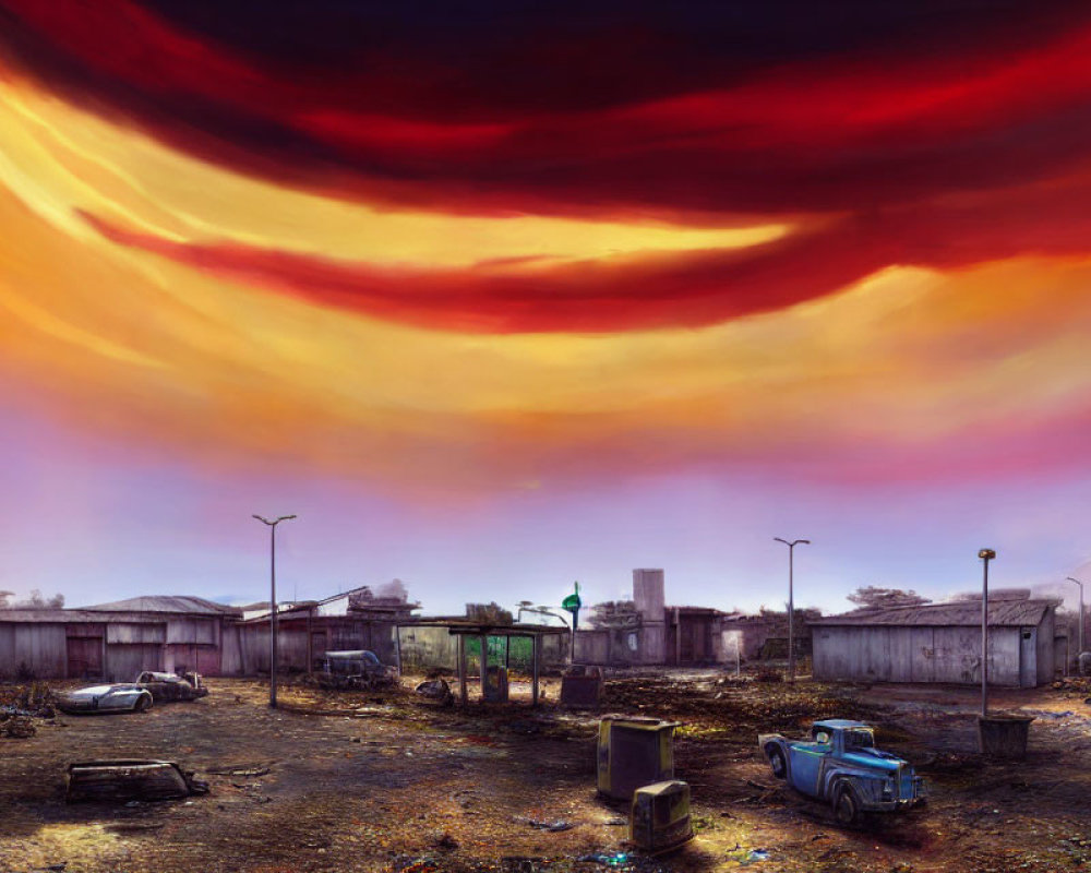 Abandoned cars and buildings in desolate landscape with dramatic orange sky