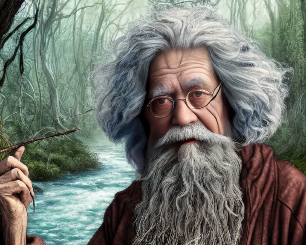 Elderly man with white beard in mystical forest with river