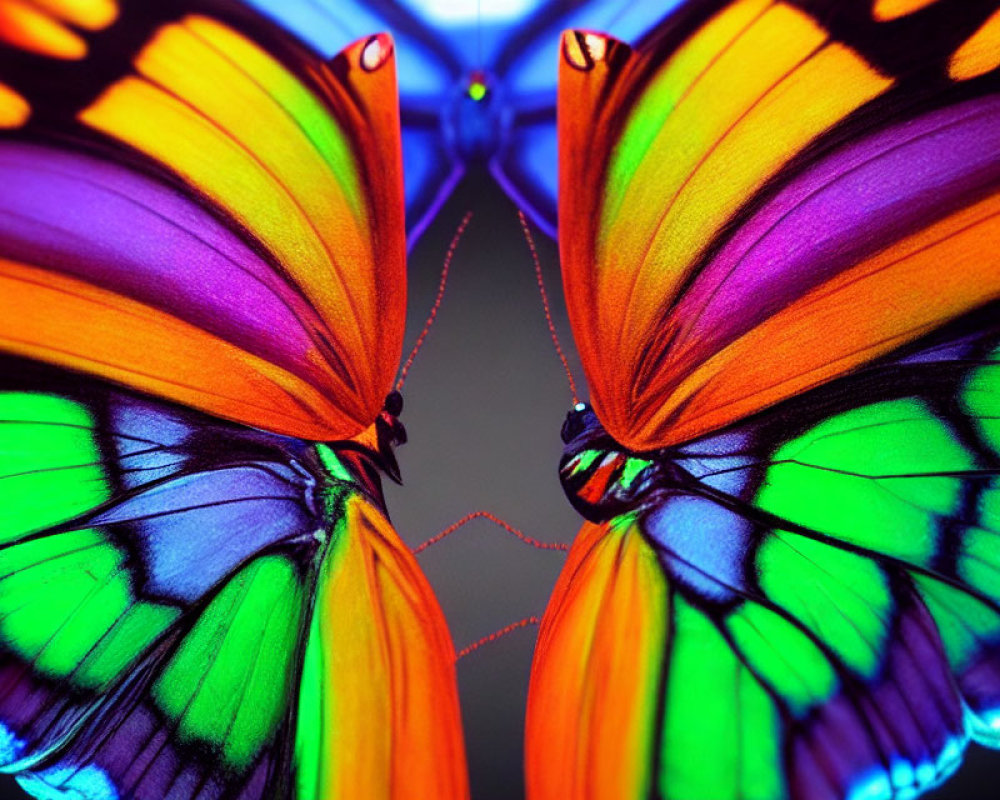 Vibrant symmetrical butterflies with iridescent wings in orange, green, purple, and blue